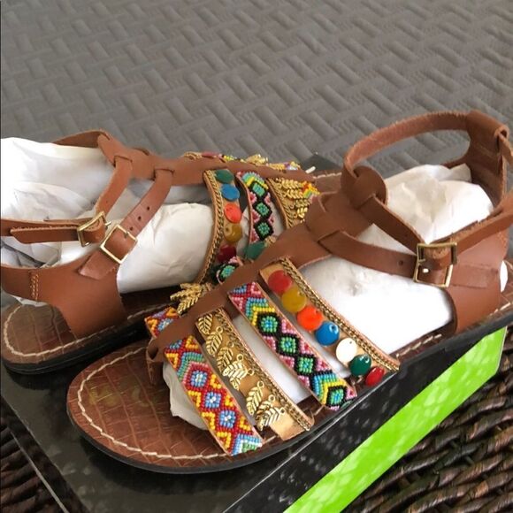 SAM EDELMAN Lanai Embellished Strappy Flat Sandals In Saddle - Picture 5 of 14